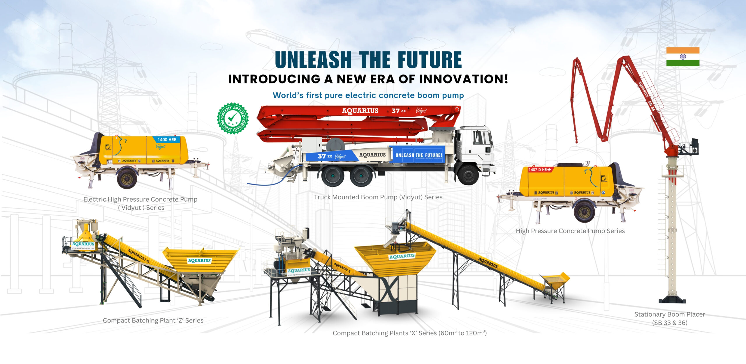Aquarius Engineers showcasing innovative concrete construction equipment including electric boom pump, high-pressure concrete pumps, compact batching plants, and stationary boom placers.